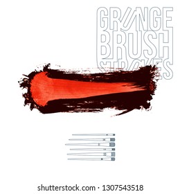 Red brush stroke and texture. Grunge vector abstract hand - painted element. Underline and border design.