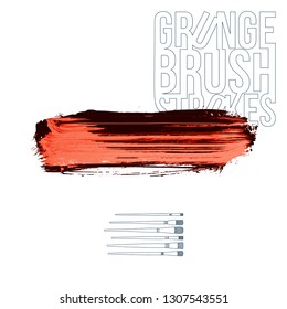 Red brush stroke and texture. Grunge vector abstract hand - painted element. Underline and border design.
