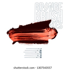 Red brush stroke and texture. Grunge vector abstract hand - painted element. Underline and border design.
