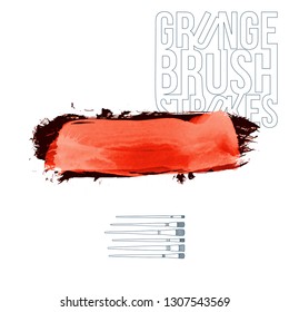 Red brush stroke and texture. Grunge vector abstract hand - painted element. Underline and border design.
