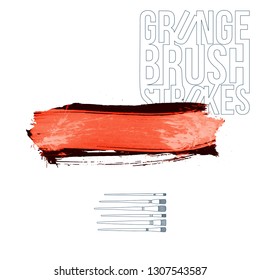Red brush stroke and texture. Grunge vector abstract hand - painted element. Underline and border design.