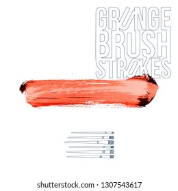 Red brush stroke and texture. Grunge vector abstract hand - painted element. Underline and border design.