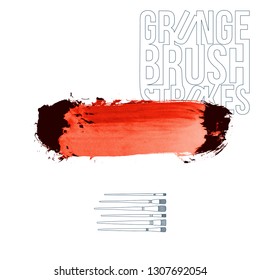 Red brush stroke and texture. Grunge vector abstract hand - painted element. Underline and border design.