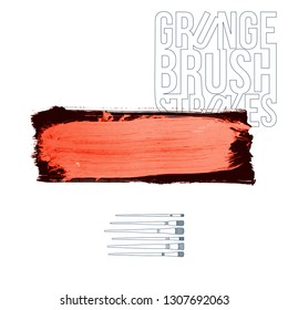 Red brush stroke and texture. Grunge vector abstract hand - painted element. Underline and border design.