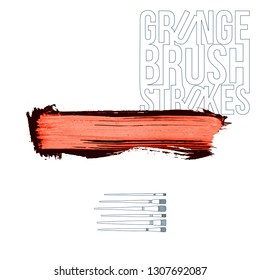 Red brush stroke and texture. Grunge vector abstract hand - painted element. Underline and border design.