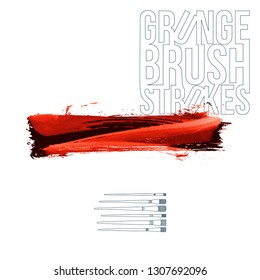 Red brush stroke and texture. Grunge vector abstract hand - painted element. Underline and border design.