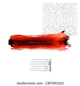 Red brush stroke and texture. Grunge vector abstract hand - painted element. Underline and border design.