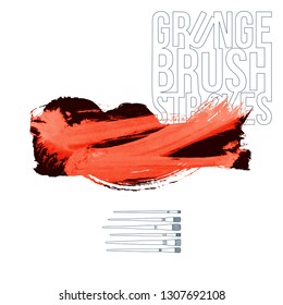 Red brush stroke and texture. Grunge vector abstract hand - painted element. Underline and border design.