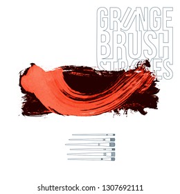 Red brush stroke and texture. Grunge vector abstract hand - painted element. Underline and border design.