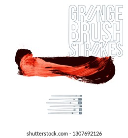 Red brush stroke and texture. Grunge vector abstract hand - painted element. Underline and border design.