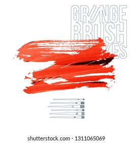 Red brush stroke and texture. Grunge vector abstract hand - painted element. Underline and border design.