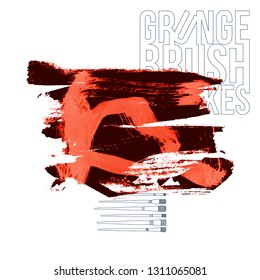 Red brush stroke and texture. Grunge vector abstract hand - painted element. Underline and border design.