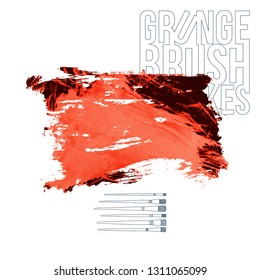 Red brush stroke and texture. Grunge vector abstract hand - painted element. Underline and border design.