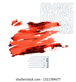 Red brush stroke and texture. Grunge vector abstract hand - painted element. Underline and border design.