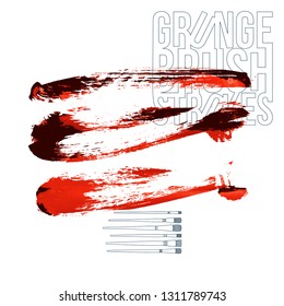 Red brush stroke and texture. Grunge vector abstract hand - painted element. Underline and border design.