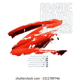 Red brush stroke and texture. Grunge vector abstract hand - painted element. Underline and border design.