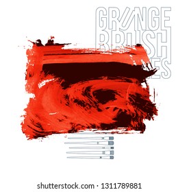 Red brush stroke and texture. Grunge vector abstract hand - painted element. Underline and border design.
