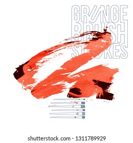 Red brush stroke and texture. Grunge vector abstract hand - painted element. Underline and border design.