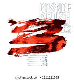 Red brush stroke and texture. Grunge vector abstract hand - painted element. Underline and border design.