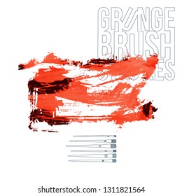 Red brush stroke and texture. Grunge vector abstract hand - painted element. Underline and border design.