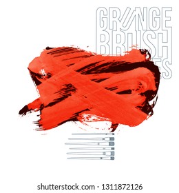Red brush stroke and texture. Grunge vector abstract hand - painted element. Underline and border design.