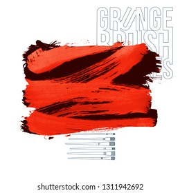 Red brush stroke and texture. Grunge vector abstract hand - painted element. Underline and border design.
