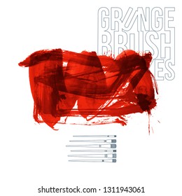 Red brush stroke and texture. Grunge vector abstract hand - painted element. Underline and border design.