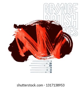 Red brush stroke and texture. Grunge vector abstract hand - painted element. Underline and border design.