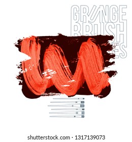Red brush stroke and texture. Grunge vector abstract hand - painted element. Underline and border design.