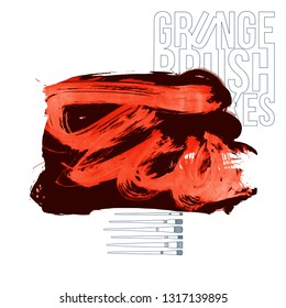 Red brush stroke and texture. Grunge vector abstract hand - painted element. Underline and border design.