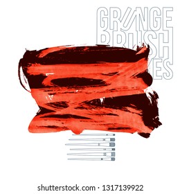 Red brush stroke and texture. Grunge vector abstract hand - painted element. Underline and border design.