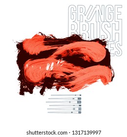 Red brush stroke and texture. Grunge vector abstract hand - painted element. Underline and border design.