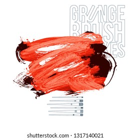 Red brush stroke and texture. Grunge vector abstract hand - painted element. Underline and border design.