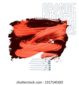 Red brush stroke and texture. Grunge vector abstract hand - painted element. Underline and border design.