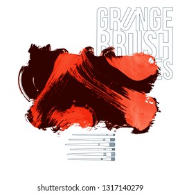 Red brush stroke and texture. Grunge vector abstract hand - painted element. Underline and border design.