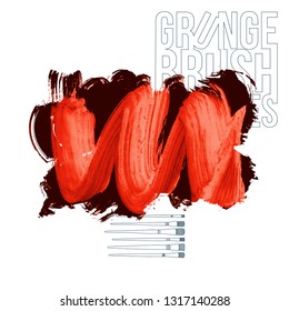 Red brush stroke and texture. Grunge vector abstract hand - painted element. Underline and border design.