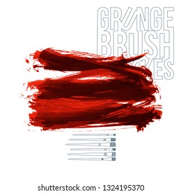 Red brush stroke and texture. Grunge vector abstract hand - painted element. Underline and border design.