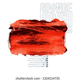 Red brush stroke and texture. Grunge vector abstract hand - painted element. Underline and border design.