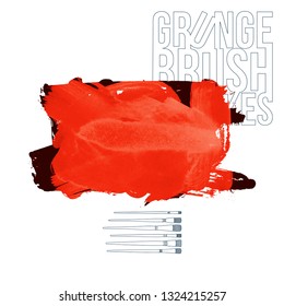 Red brush stroke and texture. Grunge vector abstract hand - painted element. Underline and border design.
