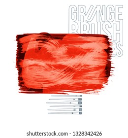 Red brush stroke and texture. Grunge vector abstract hand - painted element. Underline and border design.