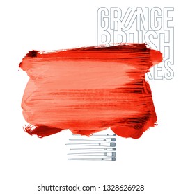 Red brush stroke and texture. Grunge vector abstract hand - painted element. Underline and border design.