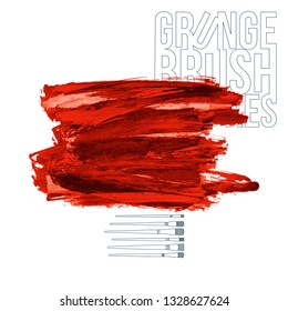 Red brush stroke and texture. Grunge vector abstract hand - painted element. Underline and border design.
