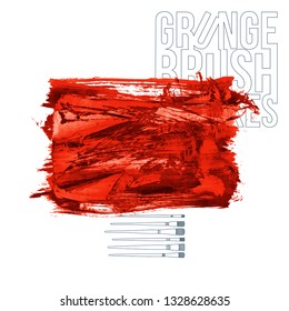 Red brush stroke and texture. Grunge vector abstract hand - painted element. Underline and border design.