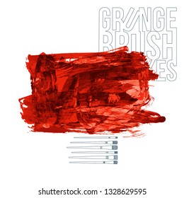 Red brush stroke and texture. Grunge vector abstract hand - painted element. Underline and border design.