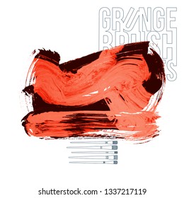 Red brush stroke and texture. Grunge vector abstract hand - painted element. Underline and border design.