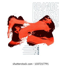 Red brush stroke and texture. Grunge vector abstract hand - painted element. Underline and border design.