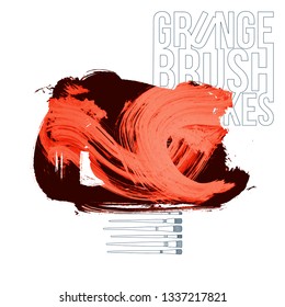 Red brush stroke and texture. Grunge vector abstract hand - painted element. Underline and border design.