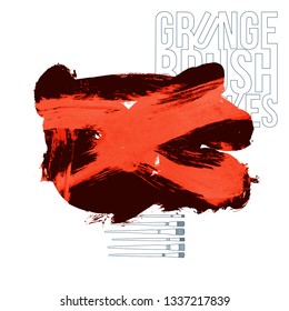 Red brush stroke and texture. Grunge vector abstract hand - painted element. Underline and border design.