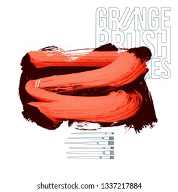 Red brush stroke and texture. Grunge vector abstract hand - painted element. Underline and border design.