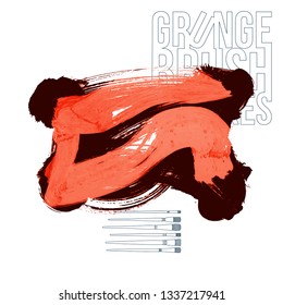 Red brush stroke and texture. Grunge vector abstract hand - painted element. Underline and border design.